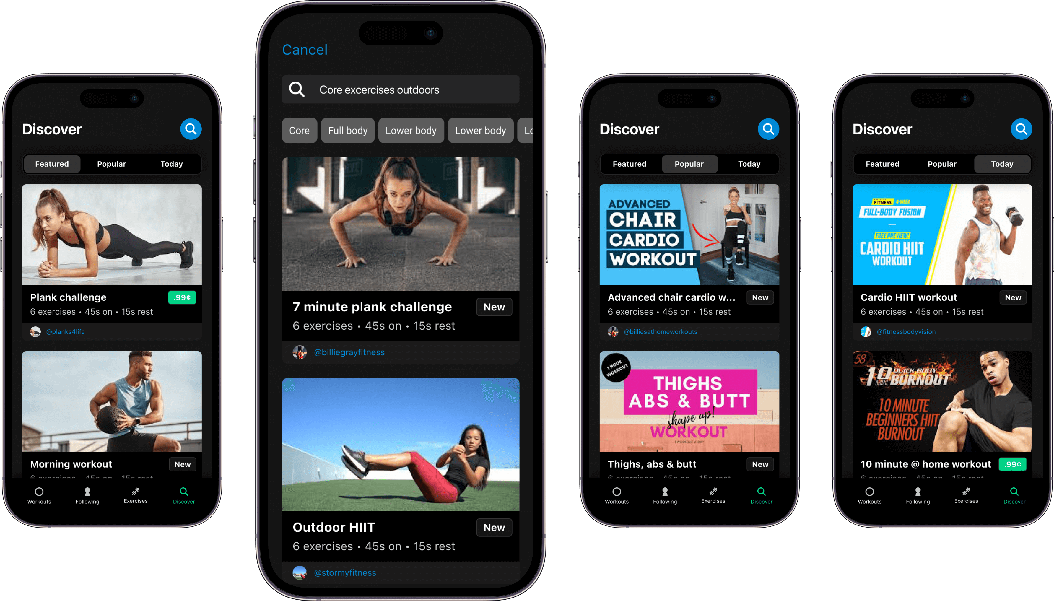 Collection of discover feed screens showing different sections