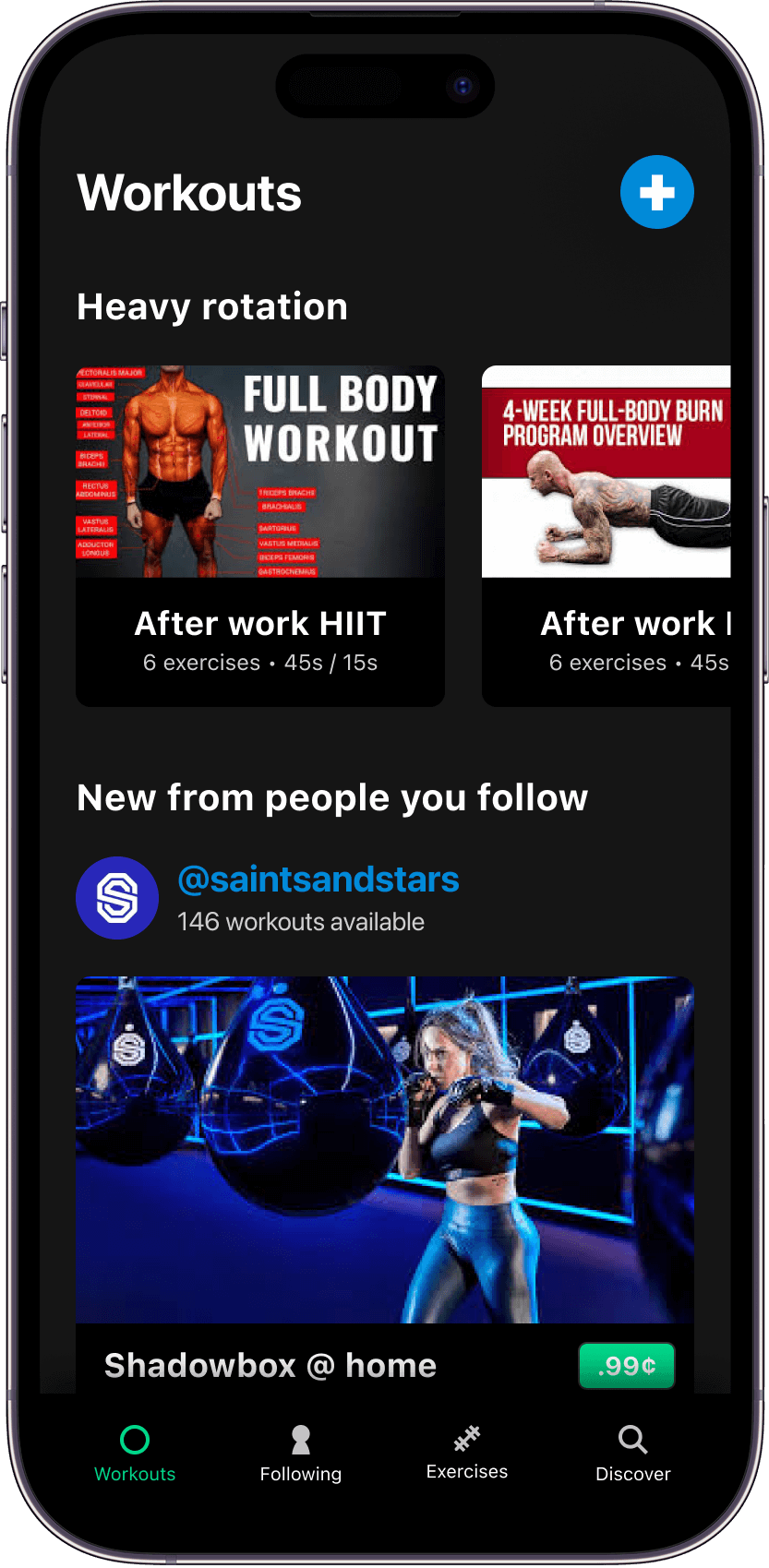 The landing screen for workouts showing recommendations