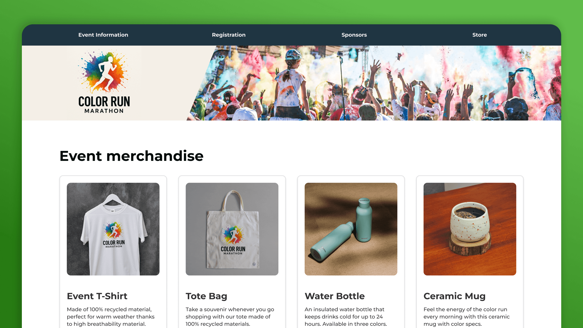 The main storefront page with a grid view of products