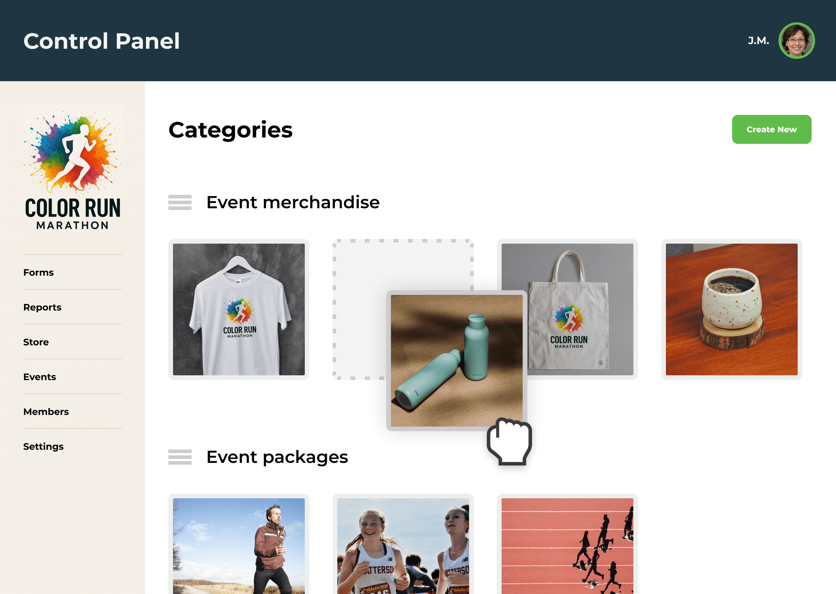 An example of the control panel categories page with a drag and drop image gallery