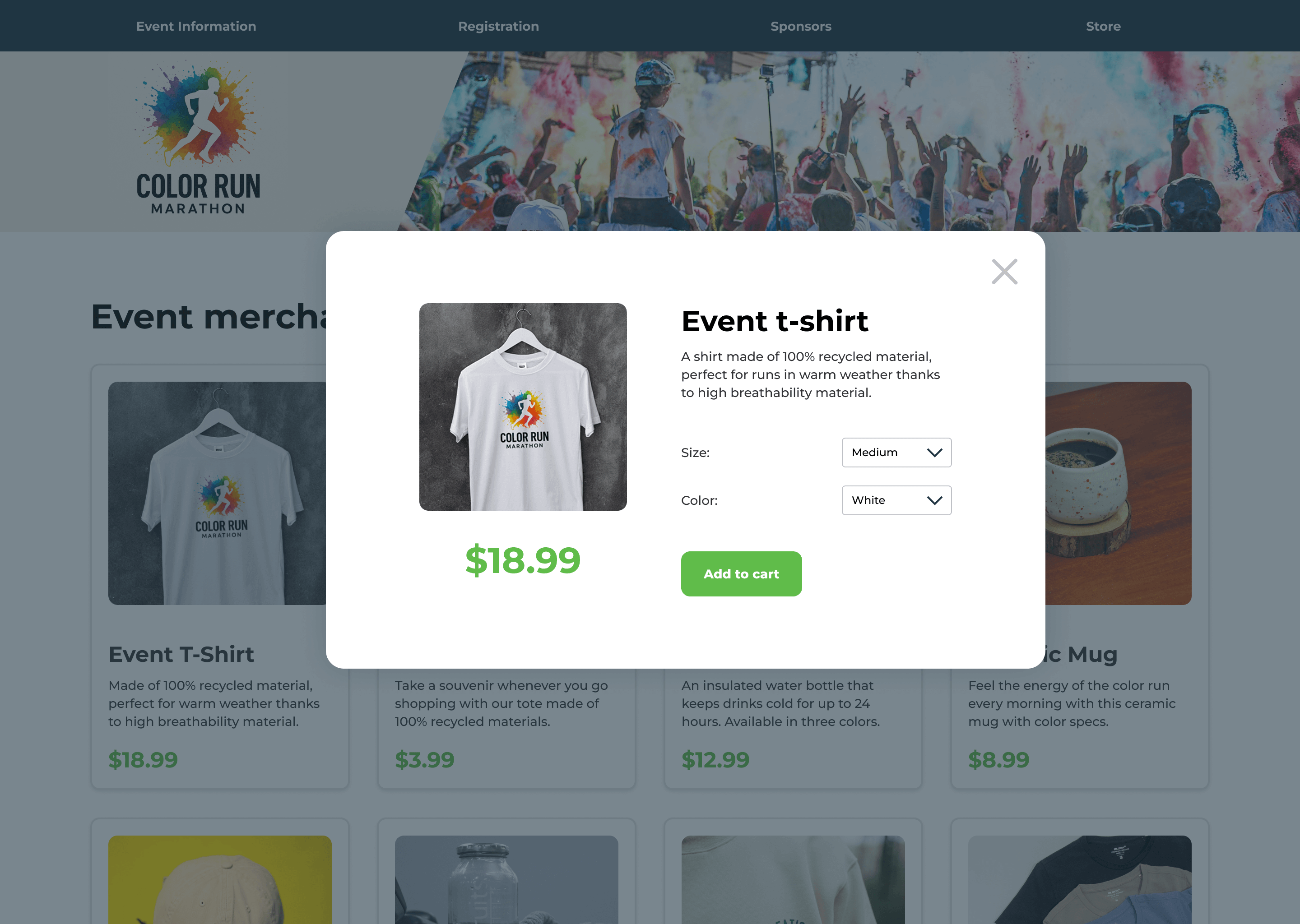 The storefront screen with a popup showing product details