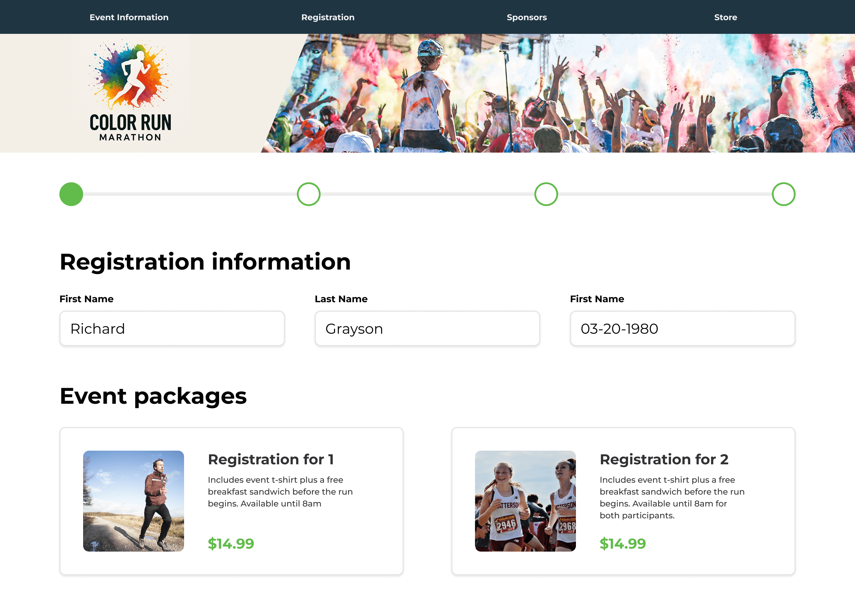 An example of a registration flow with product widgets on the page